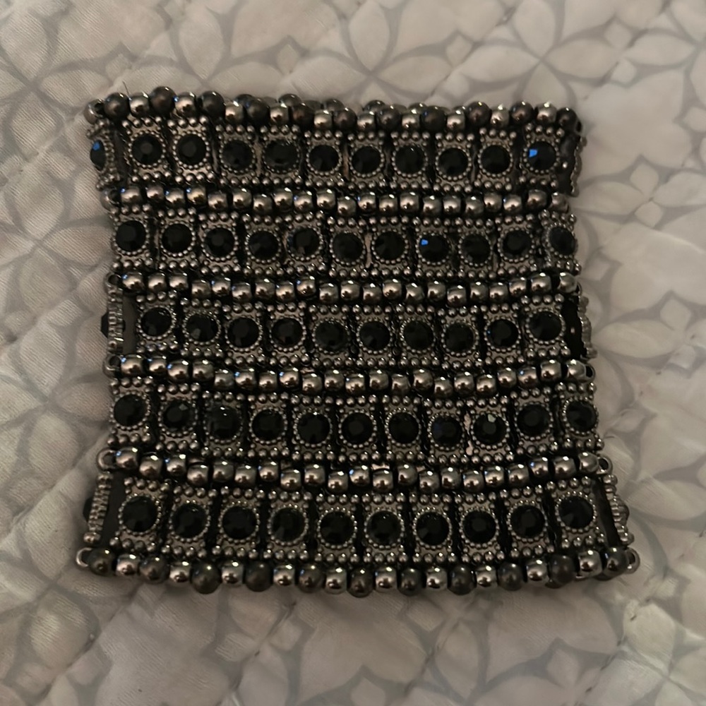 Silver and black crystal wide elastic bracelet